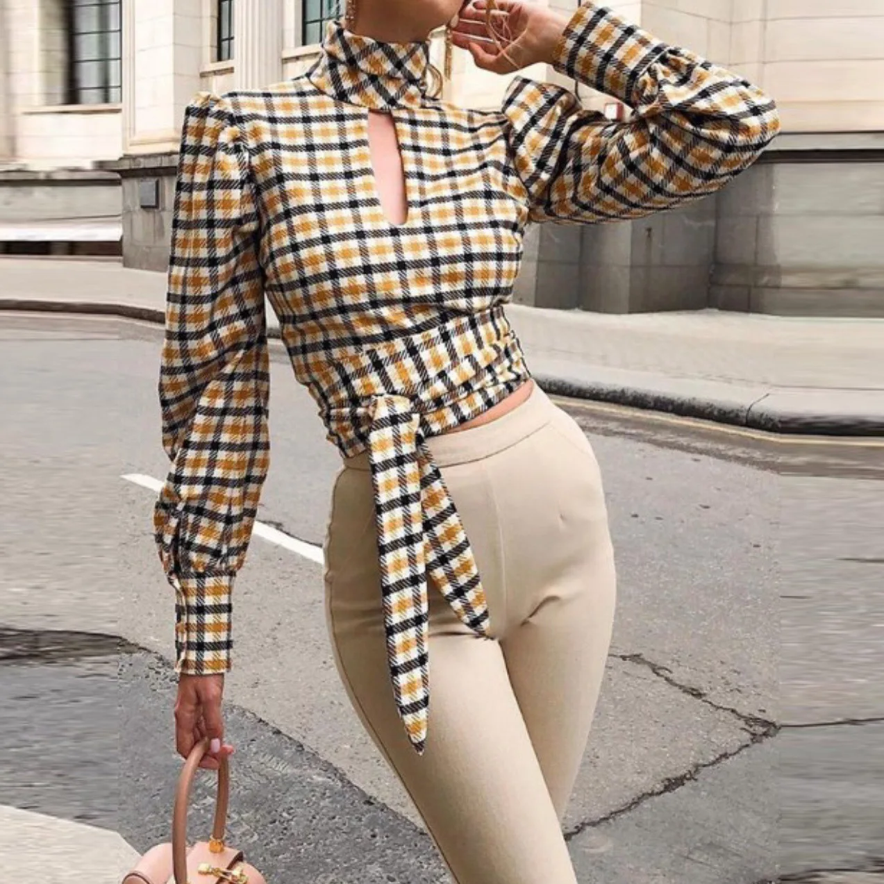 Online Sexy Women Jacket 2019 Autumn Long sleeved Halter Cotton Collar Collar Slim Lantern Sleeves Printed Bow Wild Plaid Shirt Women