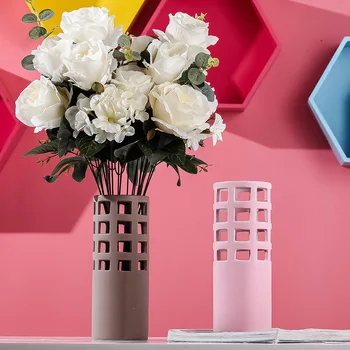 

9 inch Matte Ceramic Flower Vase Colorful Pierced Pink Vase Home Decoration Centerpiece Green Plant Pot Ideal Gift