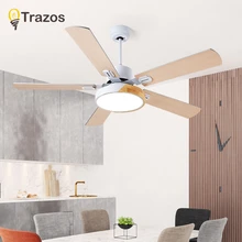 Современный светодиодный потолочный вентилятор TRAZOS 220 В с подсветкой для спальни, белый вентилятор с пультом дистанционного управления, деревянный Домашний Вентилятор для внутреннего охлаждения, лампа