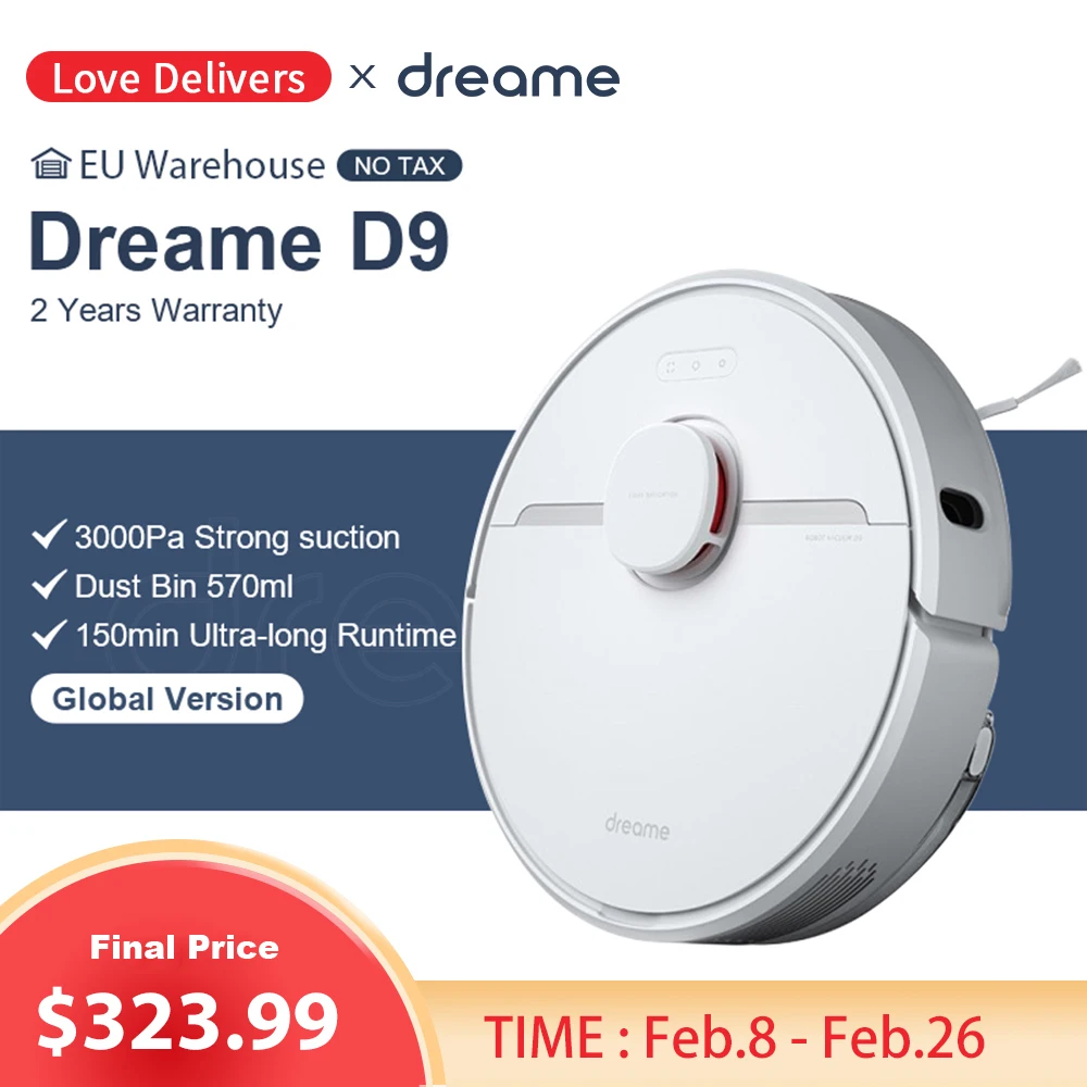 US $339.99 Dreame D9 Robot Vacuum Cleaner Global Version 3000Pa Strong Suction 5200mAh Capacity Battery Dust Bin 570ml 150min Runtime