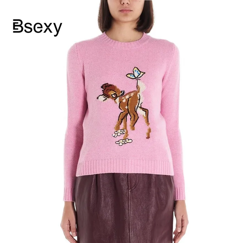 Cute Women O neck Knitted Sweater 2020 Spring Runway Designer Cartoon Deer Pattern PUllover Pink Sweaters | Женская одежда