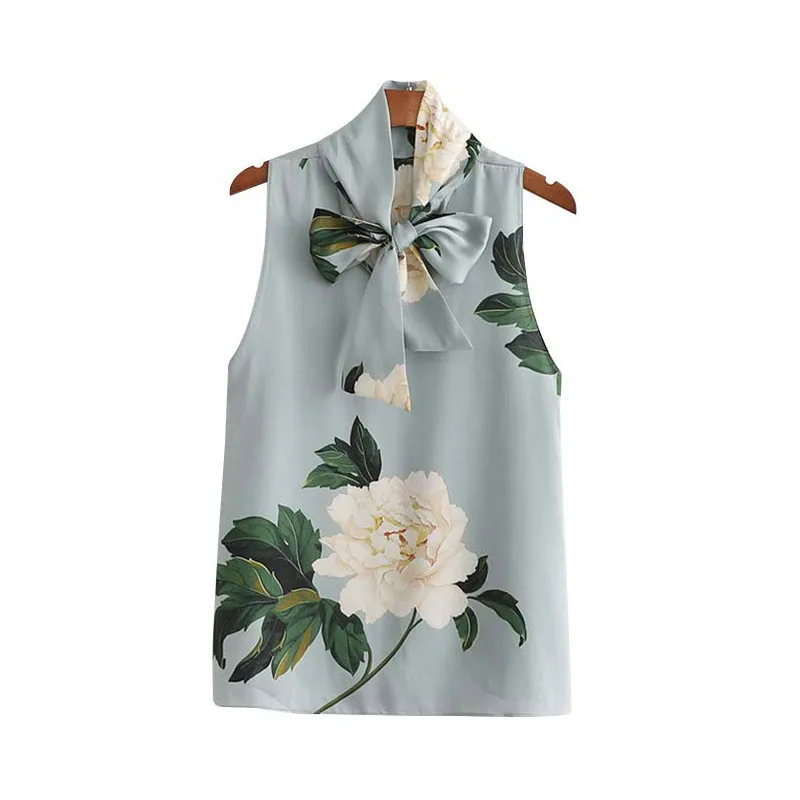 

Elegant Floral Print Tops Bow Tie Collar Office Lady Vintage Women Blouses 2019 Fashion Sleeveless Shirts Casual Blusas Mujer