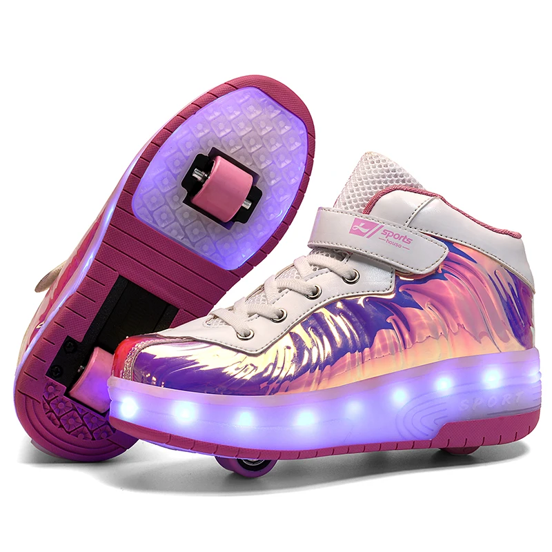 Детский светодиодный светящийся фосфоресцирующий уличный фонарь; детская обувь для роликовых коньков с двумя колесами; Детские кроссовки; подарок для мальчиков и девочек - Цвет: Розовый