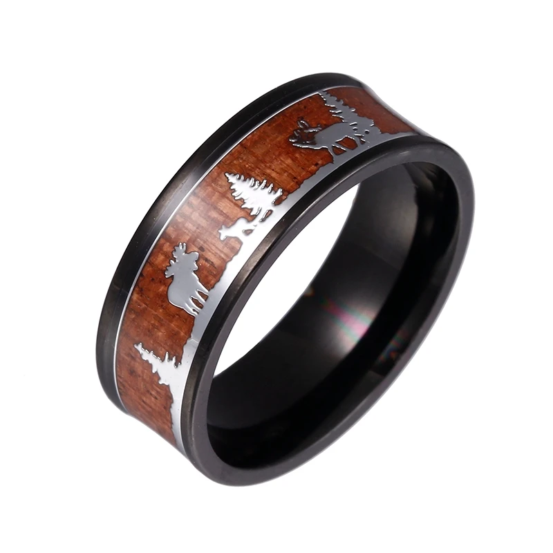 Мужское кольцо из черной нержавеющей стали, охотничье кольцо с рождественским оленем, обручальное кольцо 316L, инкрустированное деревянное ювелирное изделие, рождественский подарок