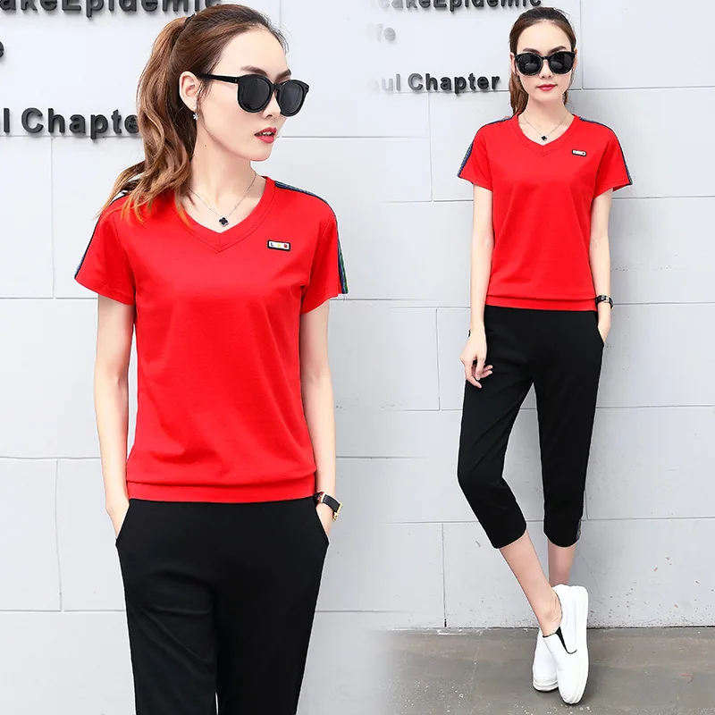 

2017 Summer New Style Fashion Casual Short Sleeve Capri Pants Slim Fit Slimming Two-Piece Set Thin Sports WOMEN'S Suit