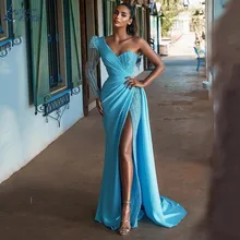 

LAYOUT NICEB High Split Satin Evening Dress Sequins Mermaid One Shoulder Long Cocktail Prom Party Gowns Saudi Arabia