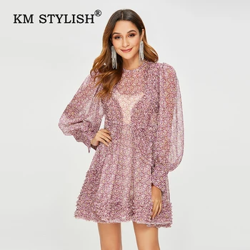 

New Women Fashion Dress Floral Print Elegant Ruffle Casual Dresses O-neck Chiffon Draped Female Sexy Dress Puff-sleeve
