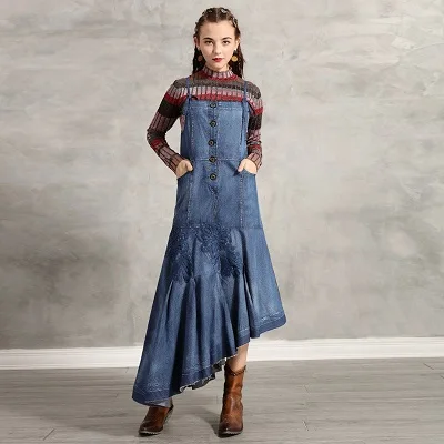 Женское платье Yuzi. may Boho, новые джинсовые женские платья, асимметричные винтажные Аппликации, полукомбинезон A82193 Vestidos - Цвет: Синий