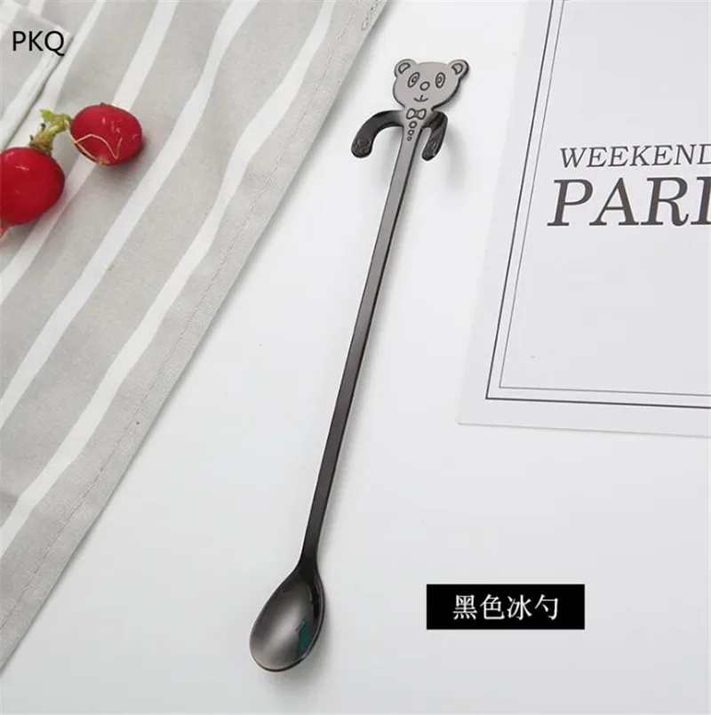Cute bear spoon long handle stainless steel spoon Ice Stirring coffee Spoon drinkware kitchen gadgets - Цвет: Черный