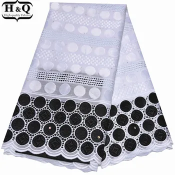 

Black& White Punched African Dry Lace Fabric 5 Yards/Pieces Swiss Voile Lace With Stones 100% Cotton Embroidered Lace For Party