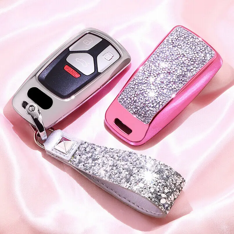 

Luxury Diamond Car Key Case Cover Crystal Keychain TPU Shell Holder For Audi A4 B9 Q5 Q7 TT TTS 8S 2016 2017