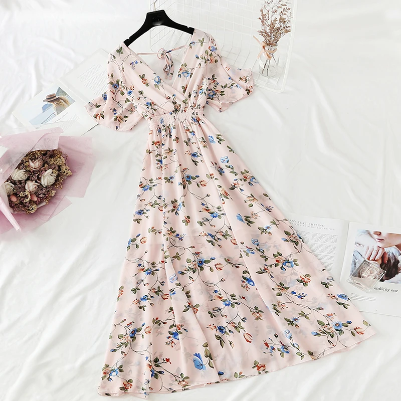 2022 Summer Women Ruffled Short-sleeved Chiffon Dress V-neck High Waist Floral Print Beach Midi Dresses Backless Sexy Vestidos