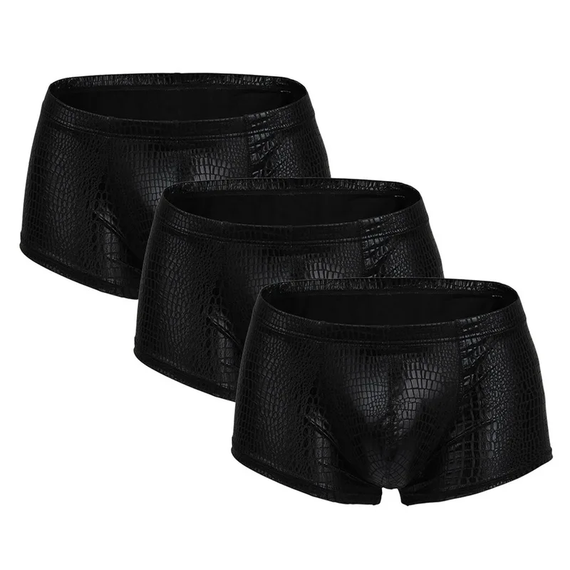 black 3pcs Oeak, 3 шт., сексуальные боксеры с рисунком змеиной кожи, мужское модное нижнее белье из искусственной кожи, шорты с вырезами, u-образные выпуклые трусы с заниженной талией - Цвет: black 3pcs