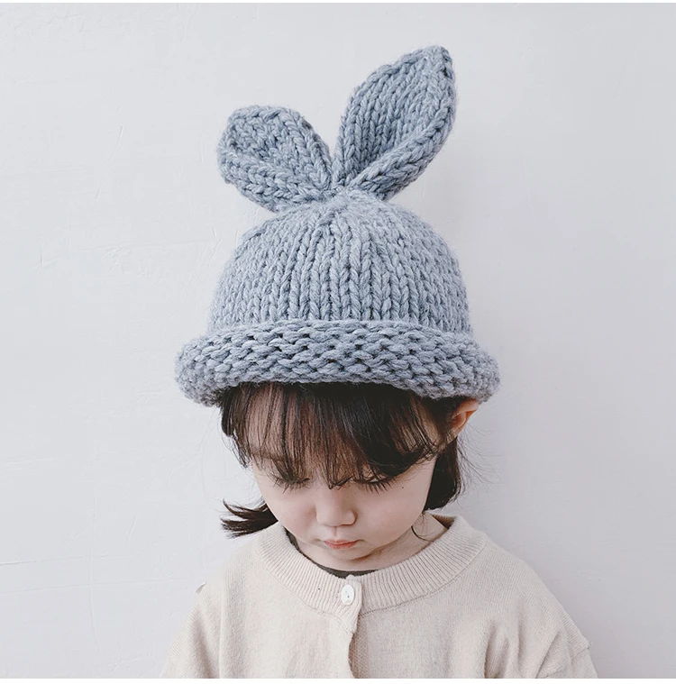 Детская шапка, вязаная вручную шерстяная шапка, детская осенне-зимняя теплая шапка с заячьими ушками для мальчиков и девочек, однотонный детский головной убор в Корейском стиле с героями мультфильмов