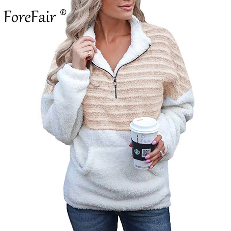  Forefair Stripe Plush Sweatshirt Women Winter Pullovers Long Sleeve High Neck Oversize Faux Fur War