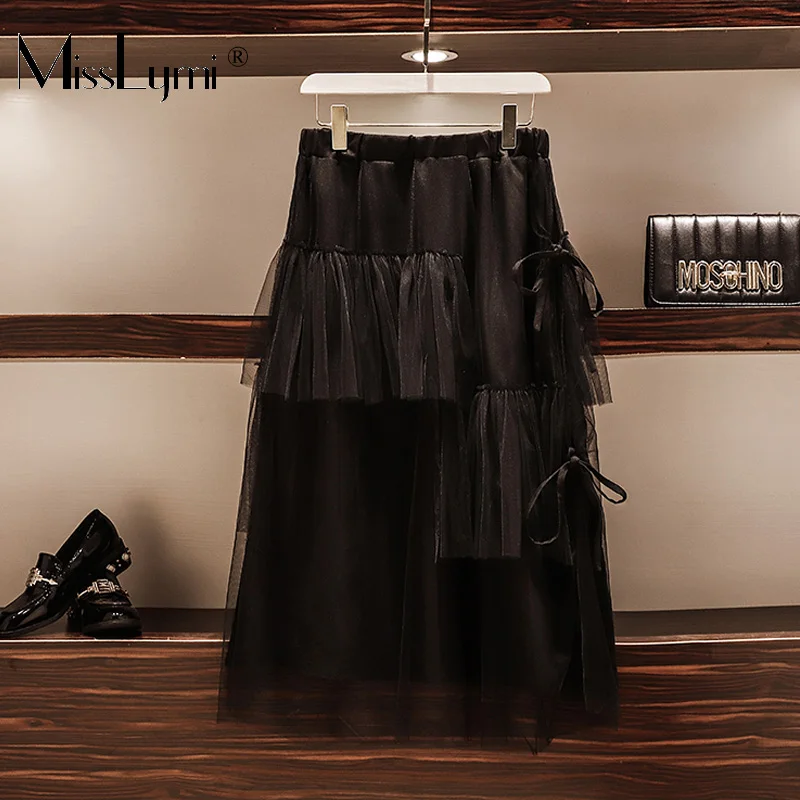XL-5XL размера плюс, женские сетчатые юбки, осень, модные, эластичная талия, сетка, пэтчворк, бант, оборки, трапециевидная юбка средней длины, белая