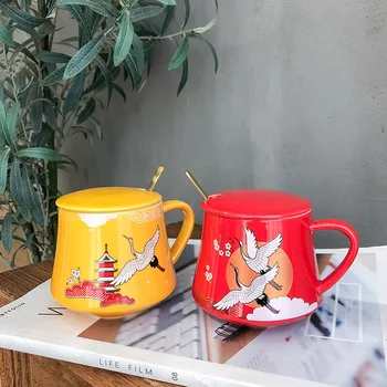 

Ceramic Mug with Lid Spoon Included Eco Friendly Tea Mug Breakfast Cups Engaged Mugs Reusable Cup Cold Drink Cups 350ml