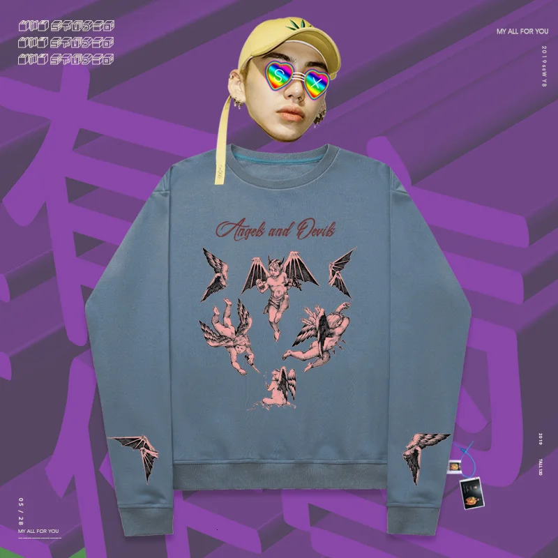 Sweatershirts spoof hophip versatile classic popular Cartoon Print Fun stitching angel with wings retro oversize Unisex coat - Цвет: Cowboy blue