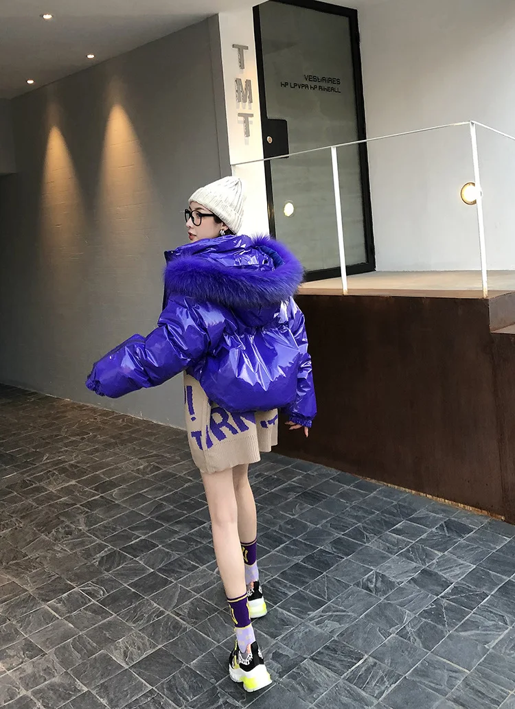 European goods winter new fox fur collar short coat jacket female loose high waist coating bright coat tide