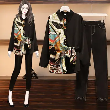 

Spring Women 2 Piece Set Vintage Print Long Sleeve Blouse And Pencil Pants Plus Size 4xl Lady Streetwear Pants Set Big Size 3xl