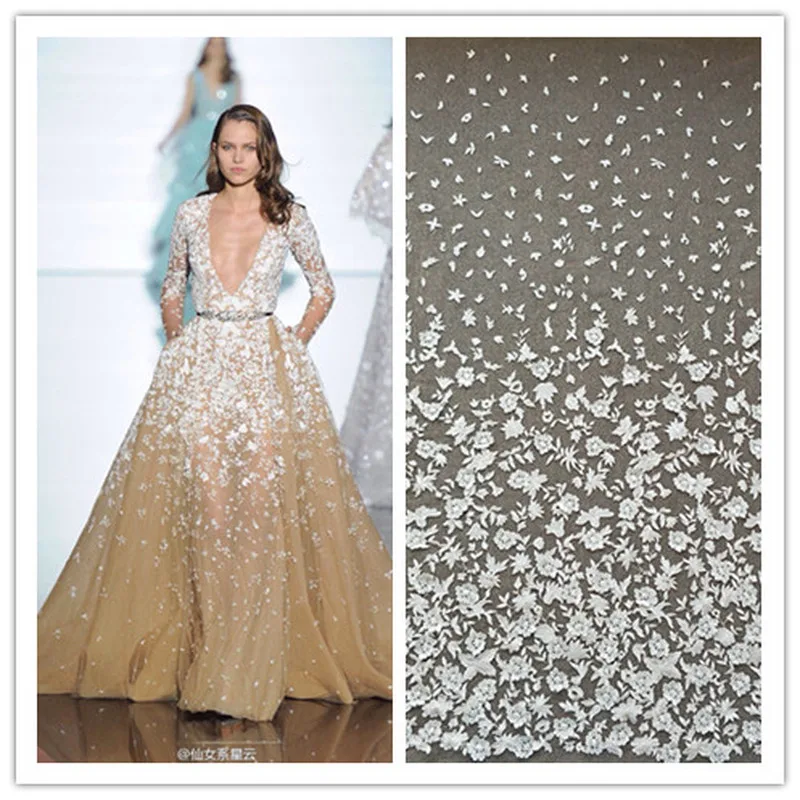 

GLace 1Y/lot off white embrodiery flower apricot mesh fabric for wedding dress decoration DIY material TX1401