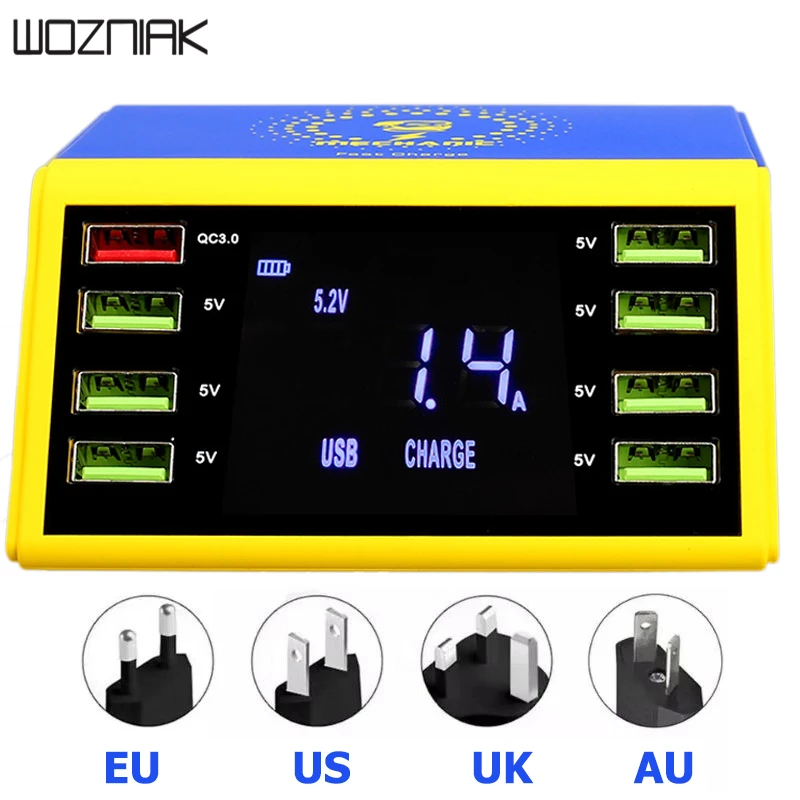 Mecánico 8 puertos USB smart charge soporte QC 30 carga rápida Carga inalámbrica con pantalla LCD p