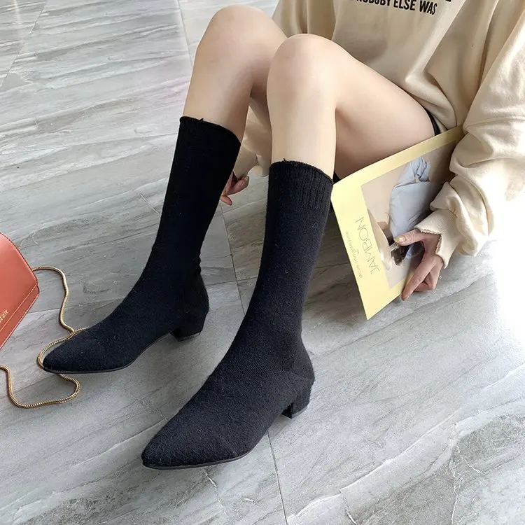 

Knitted Vamp Elegant Mid Calf Sock Boots Women Winter Shoes Black Beige Thick Heel Boots Women Botas Mujer Invierno 2019