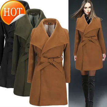 

Style Slim Wool Coat England Wool Blend Coat and Jacket Sashes Women Coats Autumn Winter