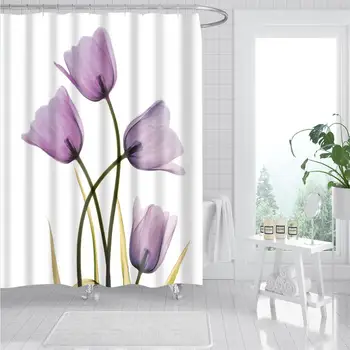 

Flower Plant Shower Curtain Purple Orchid Fashion Bath Accessories with 12 Hooks Waterproof Polyester Fabric Bathroom Decoration