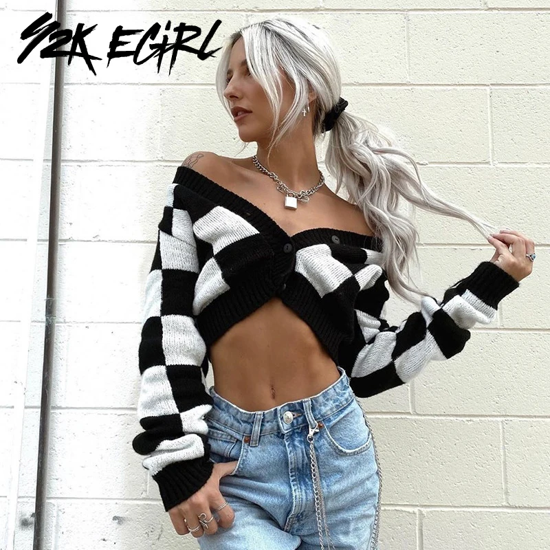 

Y2K EGIRL Vintage 90s Plaid Single-breasted Knitted Cardigans Indie Aesthetics Long Sleeve Sweaters Autumn Casual Outerwear