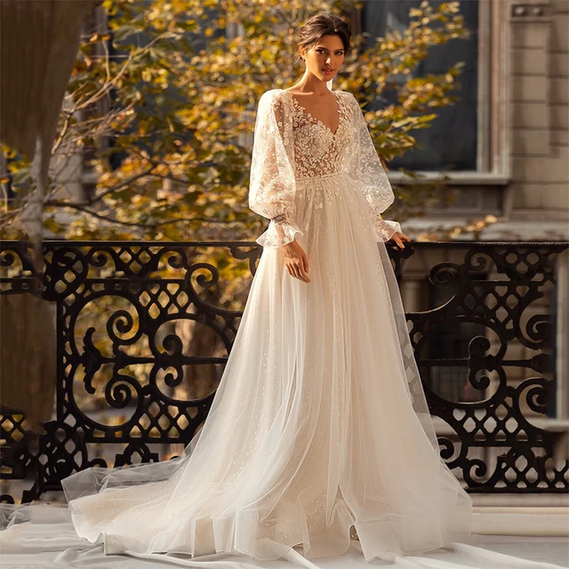 Long Sleeve Wedding Dresses Lace V Neck 
