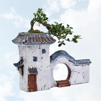

1Pc Flowerpot Chinese Style Creative Decorative Practical House Shaped Landscape Artificial Flowerpot for Office