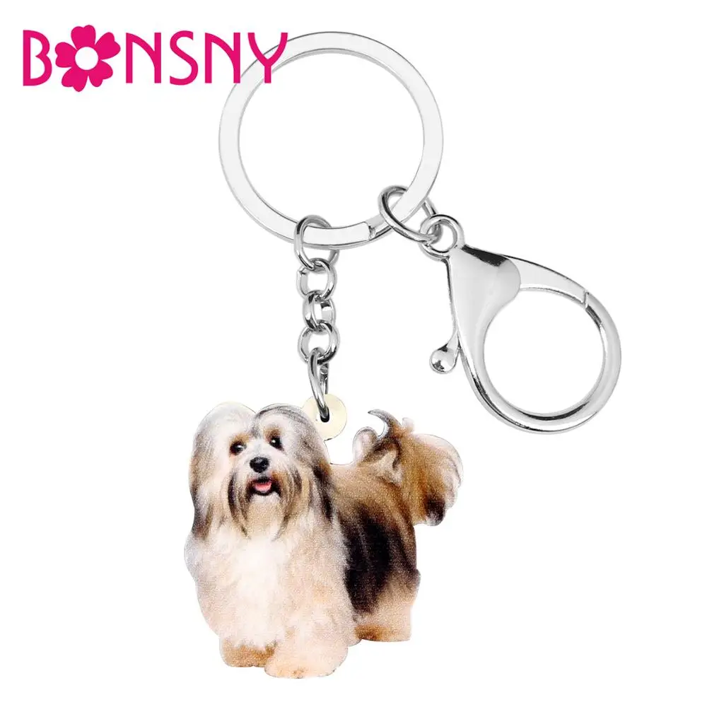 Bonsny акриловые пушистый Havanese, связка для ключей в виде собаки из цепочек животных трекер для домашних животных кольцо сумка кошелек Брелоки-украшения для женщин, подарок для девочки