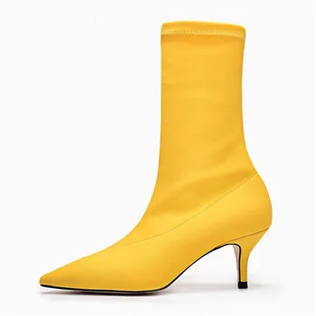 

Yellow Women Sock Boots Stretch Fabric Pointed Toe High Heels Slip On Ankle Boots Women Pumps Stiletto Botas Mujer