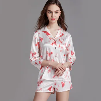 

New Summer Women Sexy Satin Silk Pajamas Sets Female V-Neck Pijama With Shorts 2 Pieces Long sleeve Pyjamas Women Sleepwear