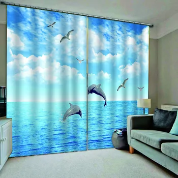 

curtains brand Blue sky, white cloud, sea, dolphin print Customized 3D Blackout Curtains Living Room Bedroom Hotel Window
