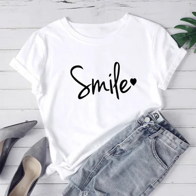 

Simple Style Smile Letter Print T Shirt Women Short Sleeve O Neck Loose Tshirt Women Tee Shirt Tops Clothes Camisetas Mujer