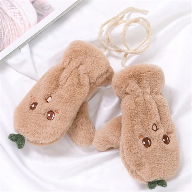 khaki Модные детские перчатки, зимние плюшевые теплые перчатки для девочек, детские перчатки, детские перчатки для мальчиков, варежки для детей 1-6 лет - Цвет: khaki