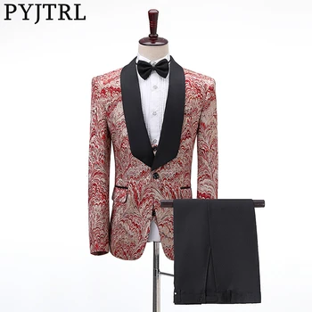 

PYJTRL Men 4 Pieces Set Jacquard Suits Shawl Lapel Wedding Groom Prom Dress Tuxedo Costume Homme Mens Suit Jacket Pants Vest Tie