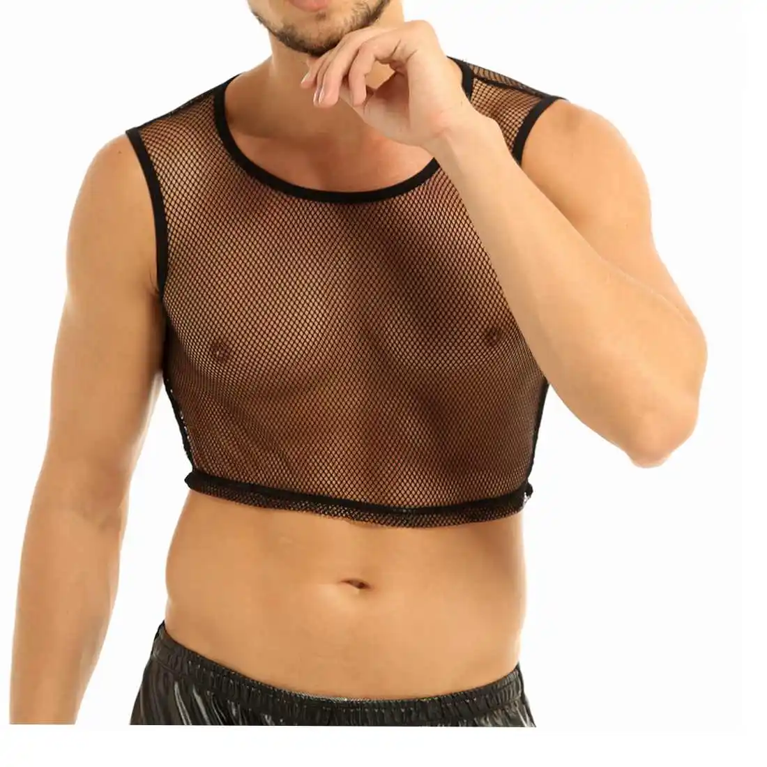 

Sissy Gays Clothes Sheer Top Exotic Tanks Sexy Lingerie Sleeveless See-through Mesh Fishnet Muscle Tank Top T-Shirt Crossdresser