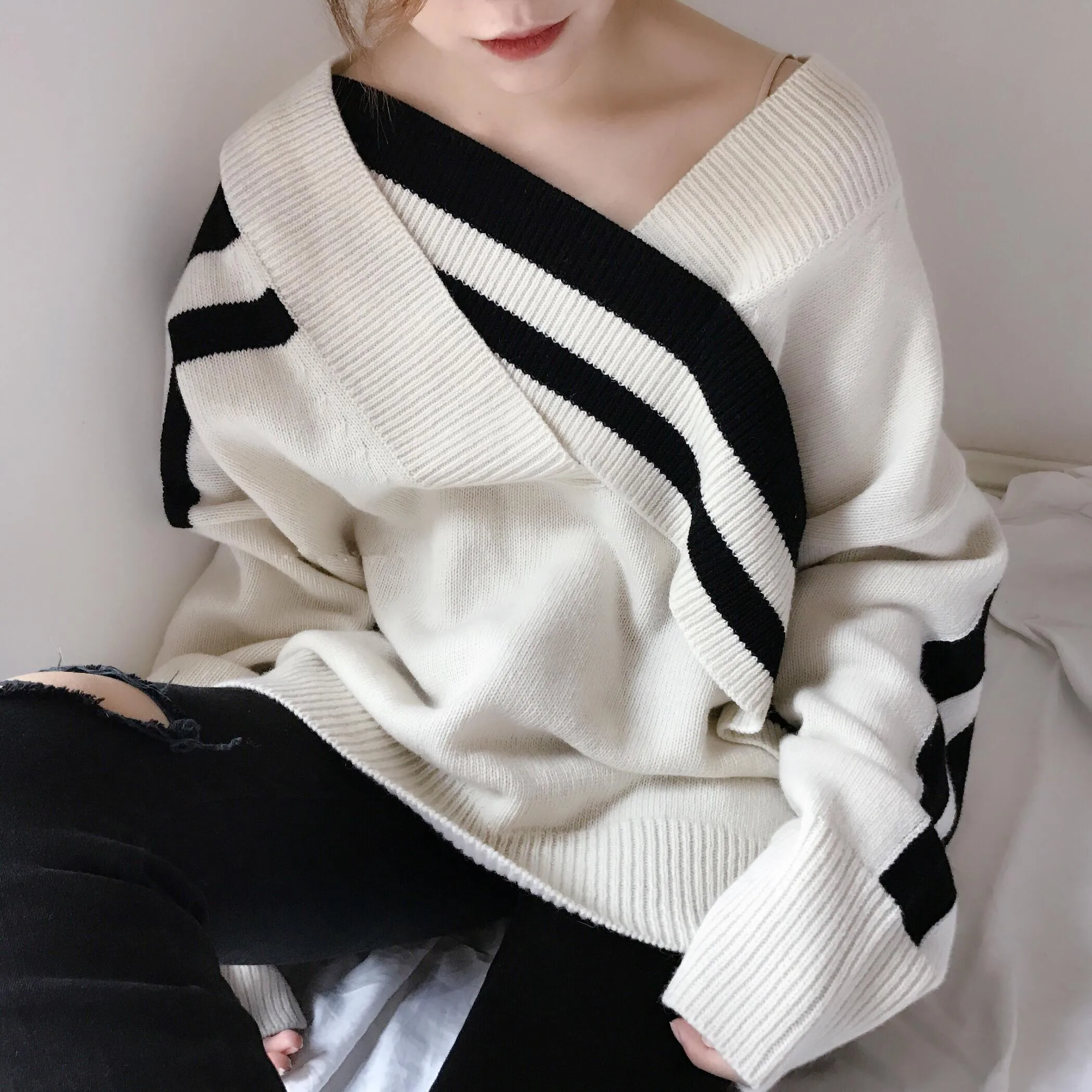 SuperAen корейский стиль женские пуловеры свитера Мода Осень новинка дикий женксие кофты v-образным вырезом повседневные женские вязаные топы