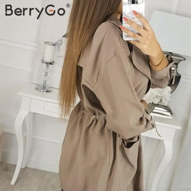 BerryGo, повседневный Тренч со шнуровкой, Женское пальто с карманами кофейного цвета, Осень-зима, женские тренчи с длинным рукавом для офиса, женские пальто