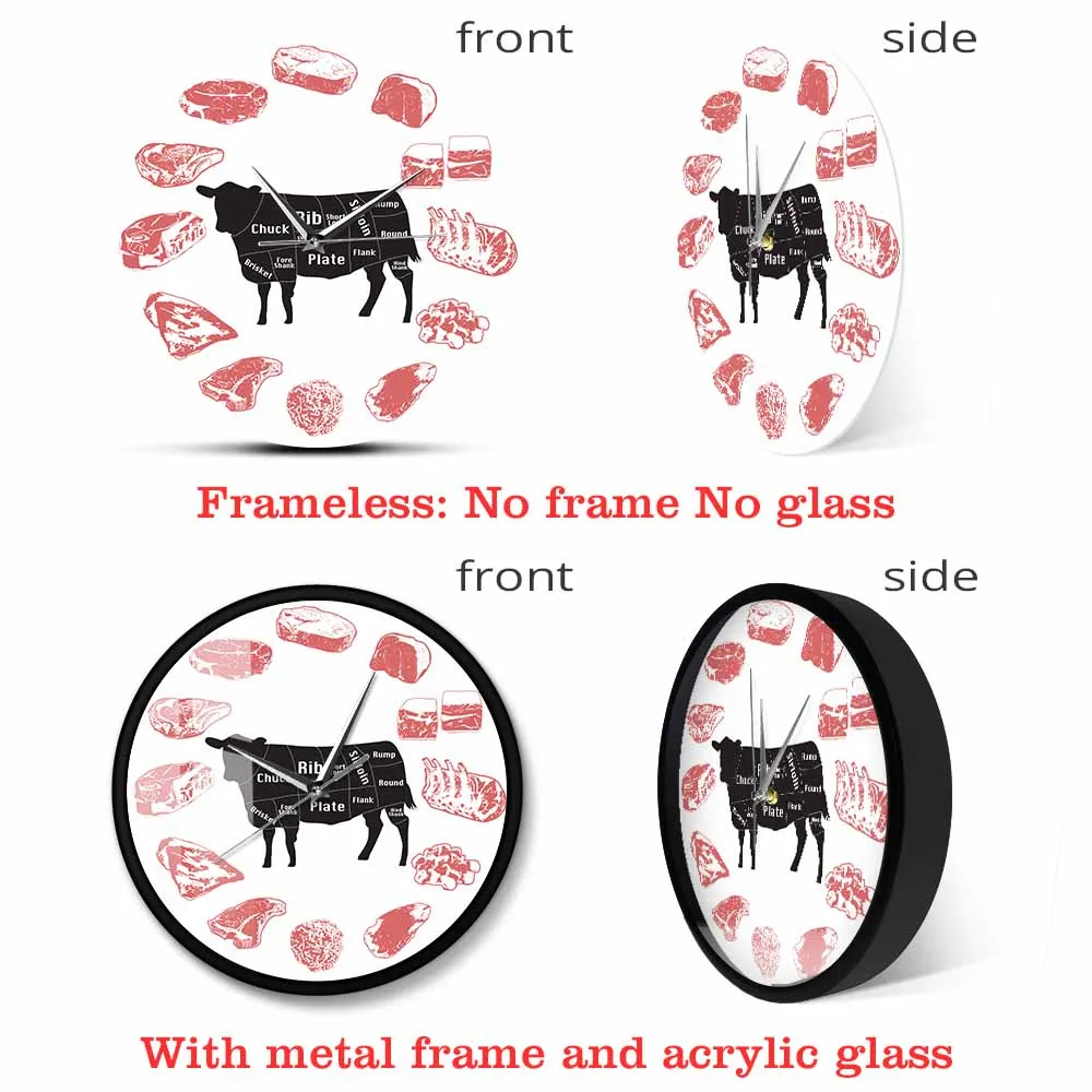 Angus Beef Chart Minimalist Wall Clock Steak House Farmhouse Kitchen Wall Art Silent Quartz Clock Cow Meat Cut Butcher Art Clock 4