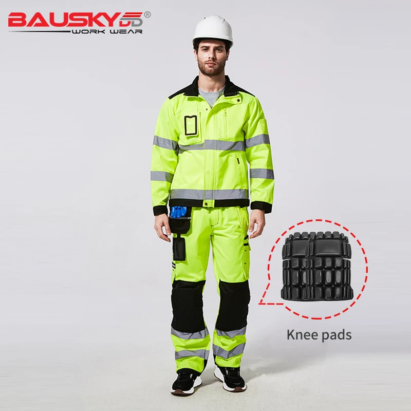 Bauskydd рабочая одежда мужская высокая видимость Костюм рабочий костюм флуоресцентная желтая куртка рабочие брюки с наколенниками рабочая одежда осень