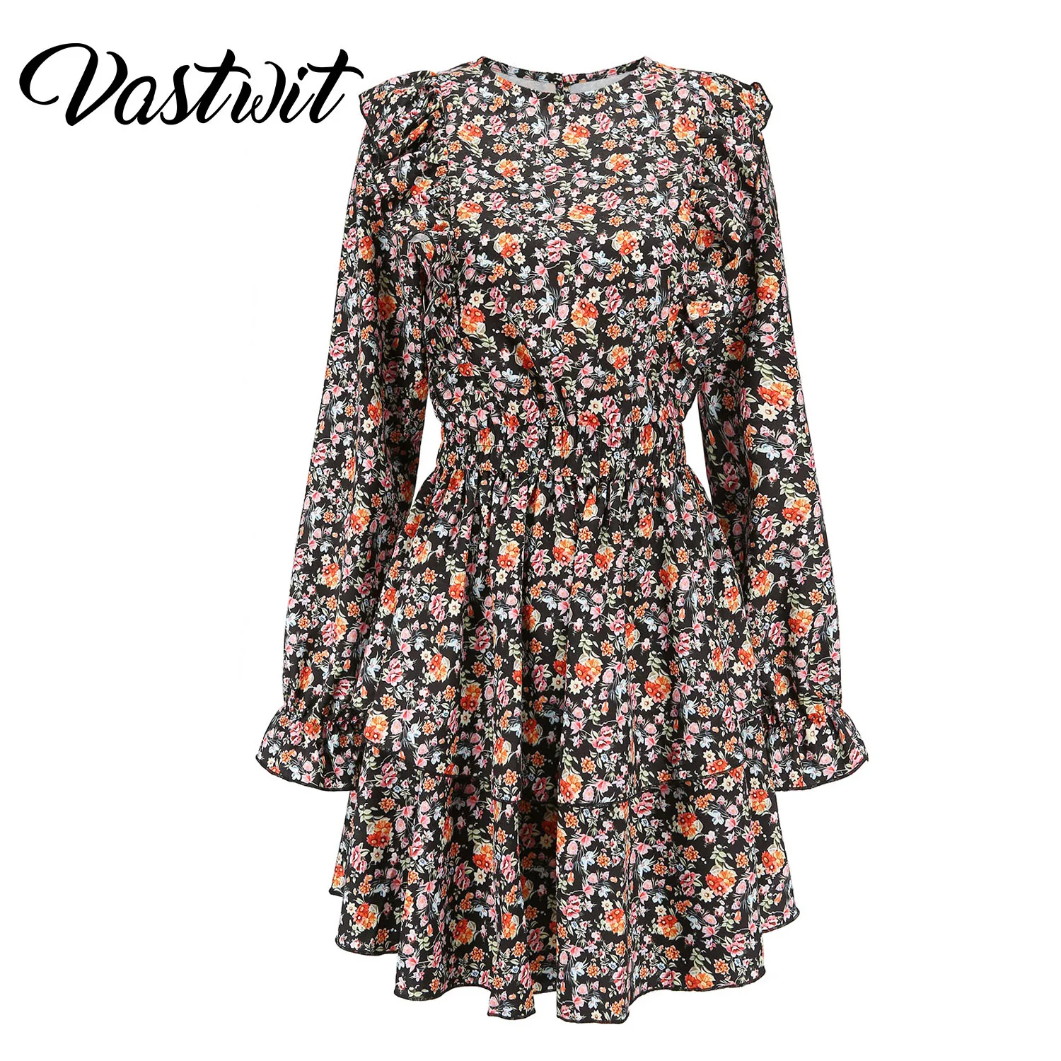 

Women Long Sleeves Ruffle Shoulder Floral Print Mini Dress Spring Summer Elegant Fashion Beach Dress