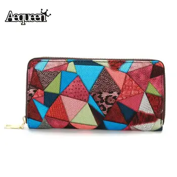 

AEQUEEN Women Wallets Colorful Leather Long Purses Lady Coin Purse Standard Triangle Patchwork Lady Wallet Zipper Pouch Carteria