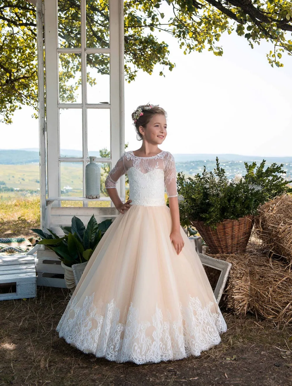 New Puffy Girls Pageant Dresses lace up Glitz Ball Gown Flower Girls Dresses Princess Wedding Party Gown Vestidos Longo