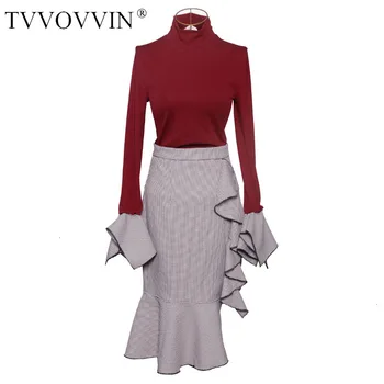 

2019 Autumn Winter 2 piece set Women Sets Turtle Neck Fitted Patchwork Knitting Top Ruffles Plaid Pattern Fishtail Skirts B423