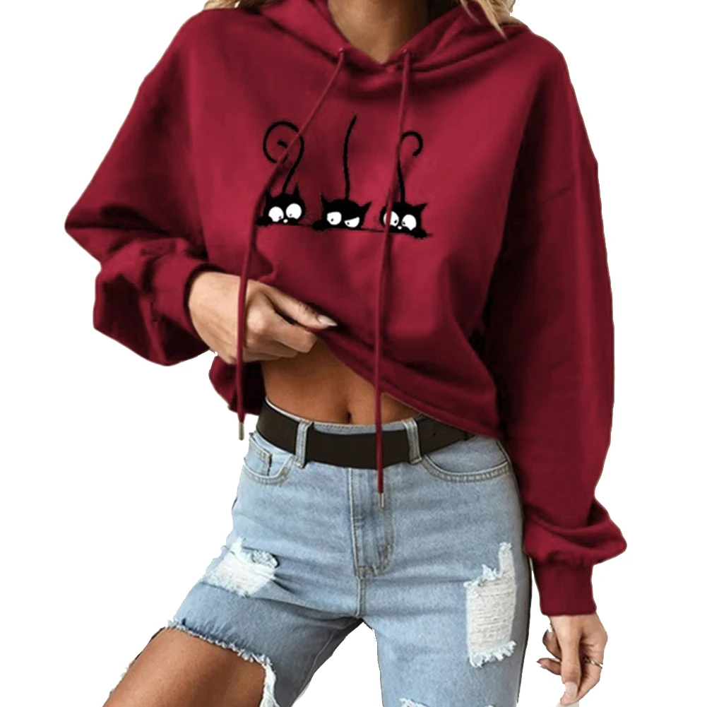 

Casual Spring Warm Long Sleeve Hooded Round Neck Autumn Tops Oversized Fashion Loose Women Pullovers Cat Pattern