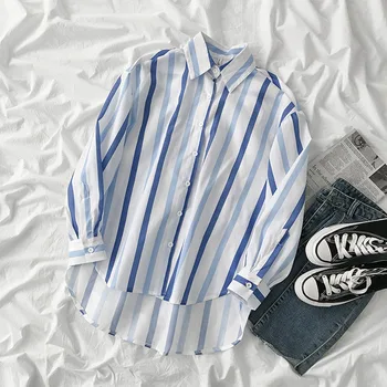 

all match striped loose women shirts 2020 thin turn-down collar casual female girl shirts outwear tops